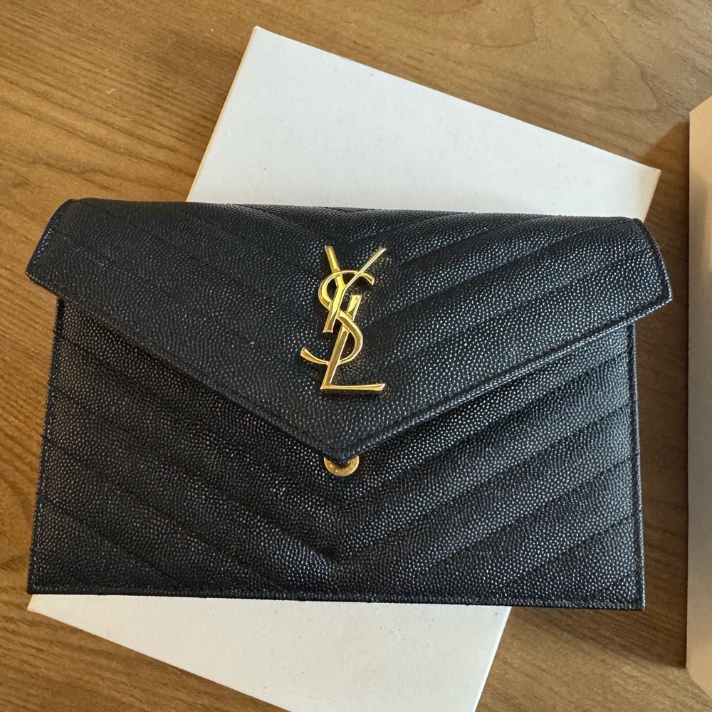 Saint Laurent Black Chevron Clutch with Gold Logo - Picture 9 of 13